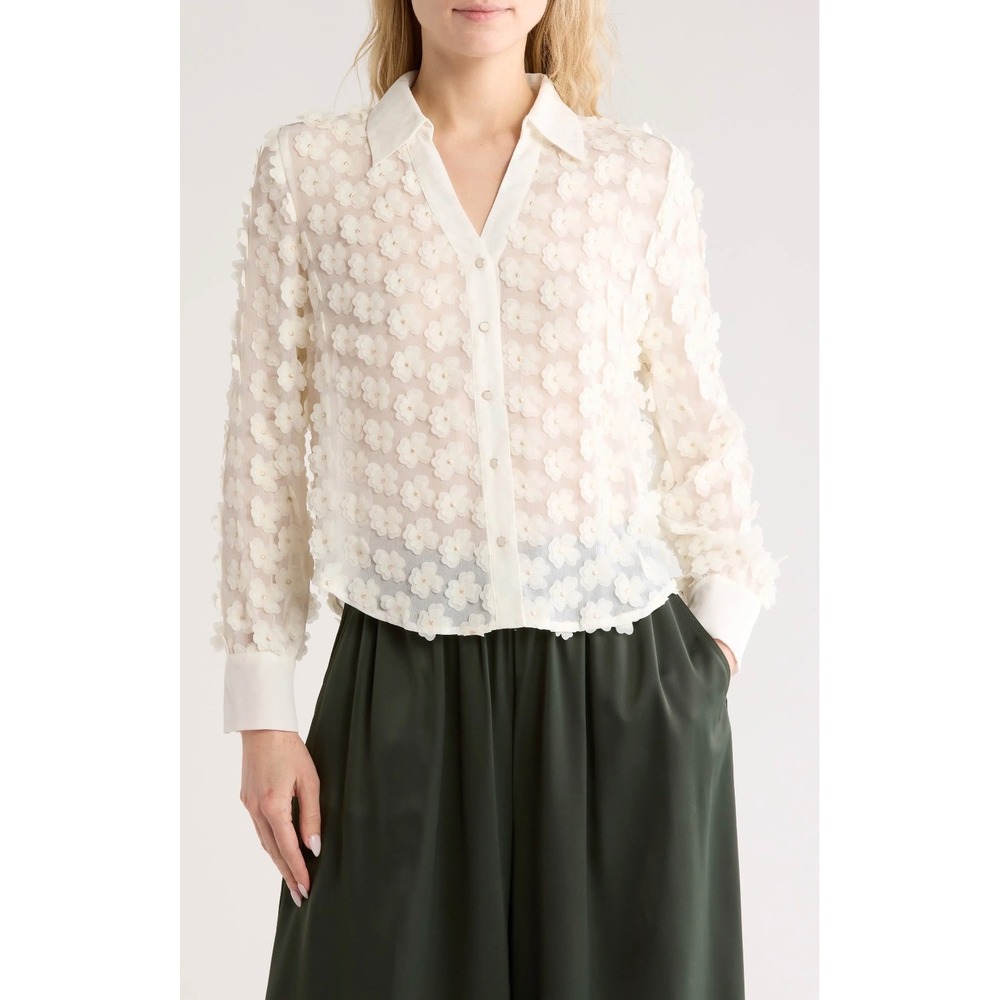 Adrianna Papell Ivory 3D Floral Applique Sheer Button Down Blouse L